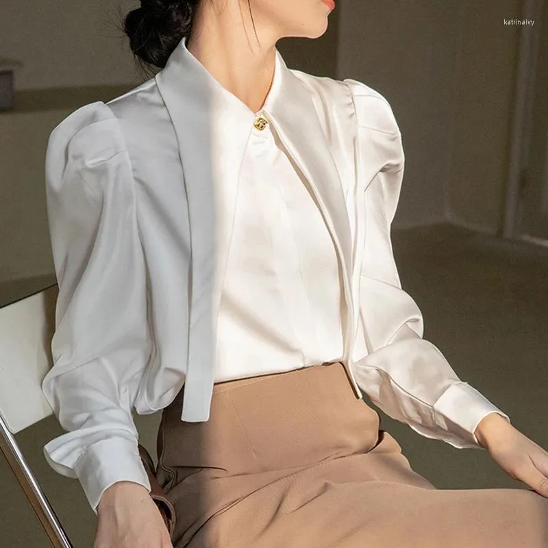 Women's Blouses Autumn Fashion OL Formal Style White Chiffon Long Sleeve Shirt For Temperament Lapel Casual Blouse Female Clothing