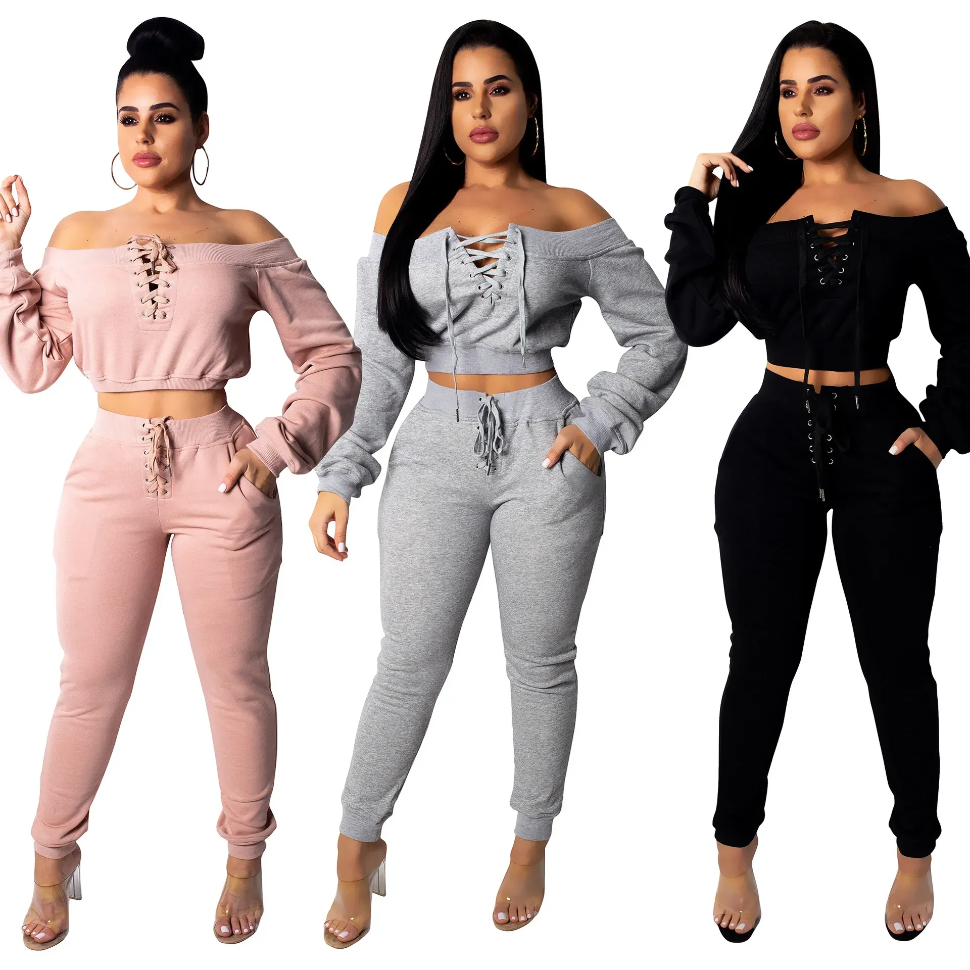 Dames tweedelige broek dames set top en off-shoulder bandage 2 casual trainingspak crop broek 2 stuks outfit