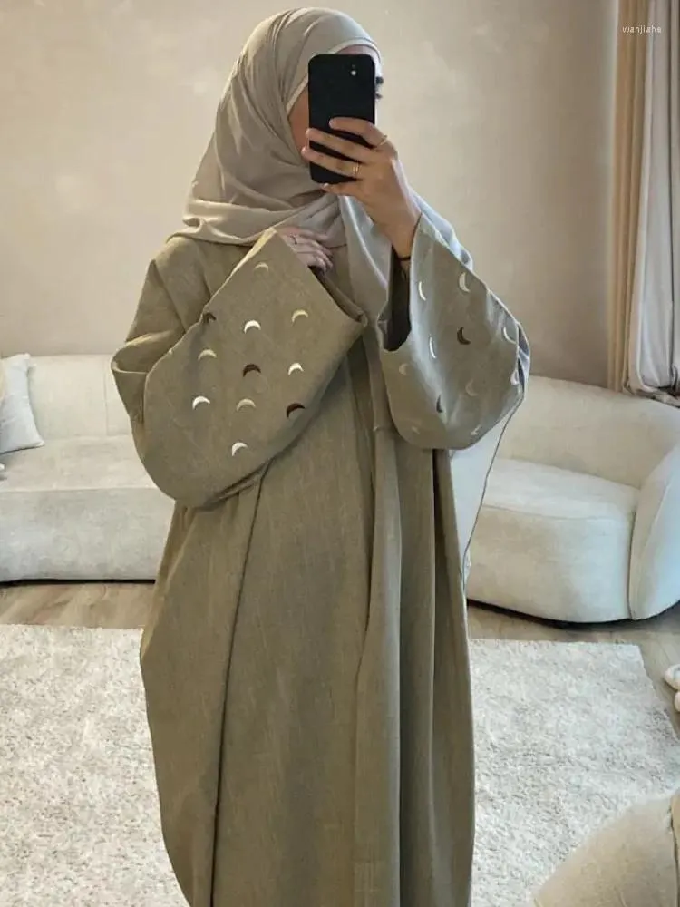 Ethnische Kleidung Mond Stickerei Leinen Offener Abaya Kimono Muslim Saudi Abayas Für Frauen Dubai Luxus Türkei Kaftan Hijab Kleid Islamisch