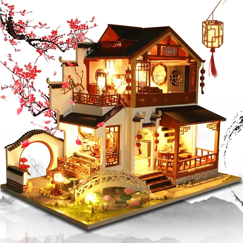 DIY Wooden Dollhouse Chinese Town Architecture Doll Houses Miniatures with Furniture Toys for Children Friend Birthday Gift 240202