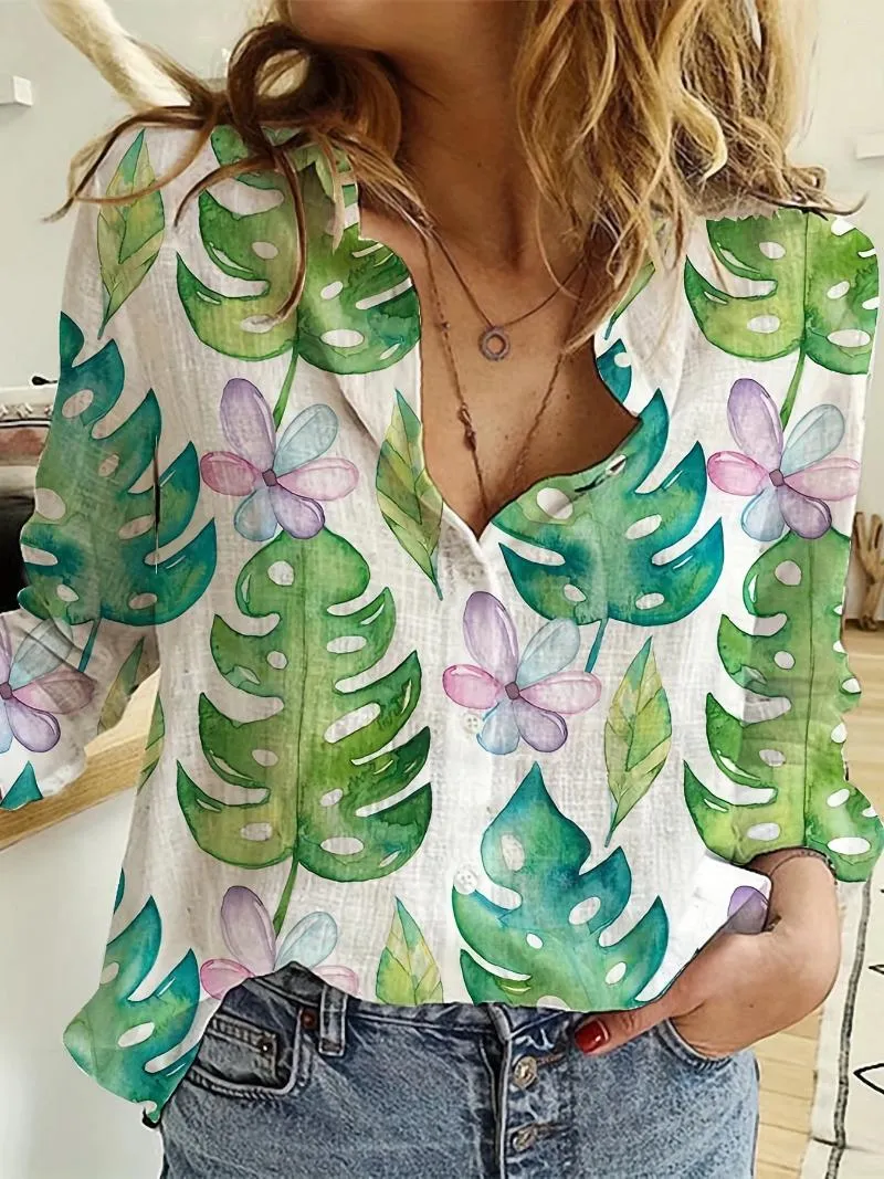 Women's Blouses Fashion Green Leaf Printed Shirt Elegant 2024 Spring Summer Long Sleeve Button Up Blouse Blusa Mujer