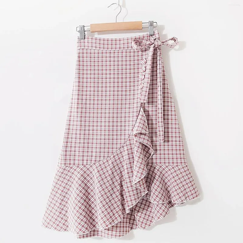 Skirts For Women'S Fashion Plaid Printed High Waist Elastic Mid-Length Asymmetric Ruffles Cute Short Pleated Women