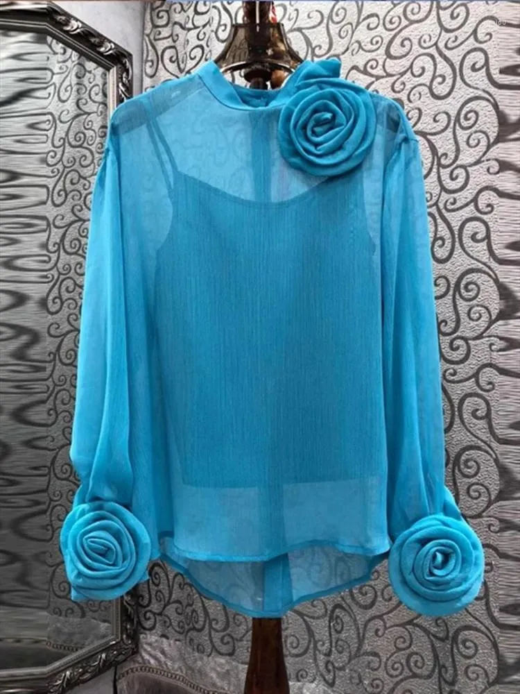 Camicette da donna 2024 Camicia da donna francese Fiori tridimensionali a pieghe Top da donna Moda manica lunga Camicetta elegante in chiffon Prospettiva