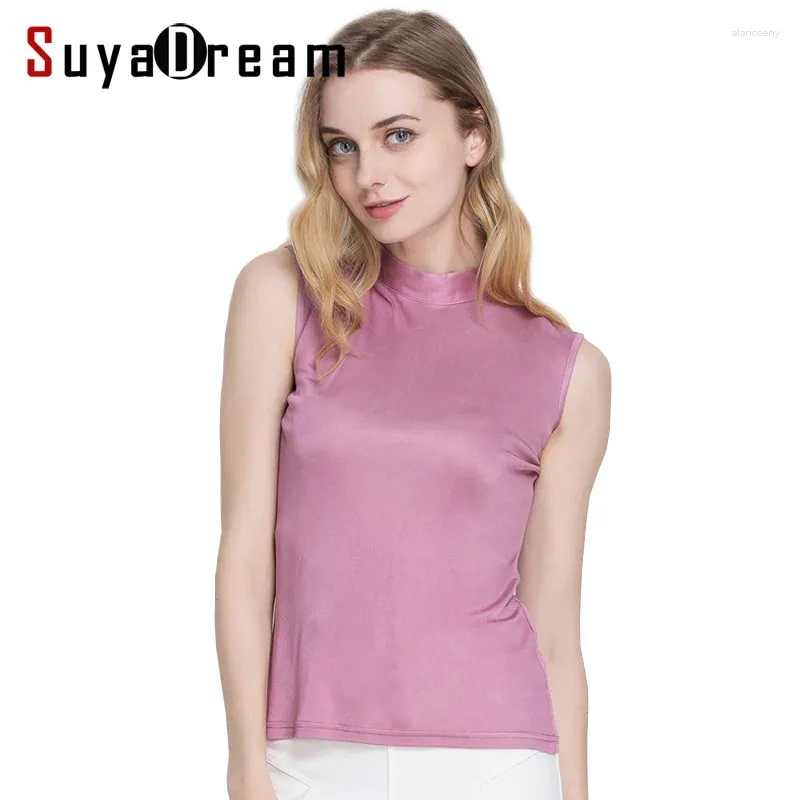 Tanques femininos SuyaDream Mulheres Tank Top Real Silk Mock Collar Sólido Sem Mangas Chique Coletes Azul Vinho Bottoming Camisa