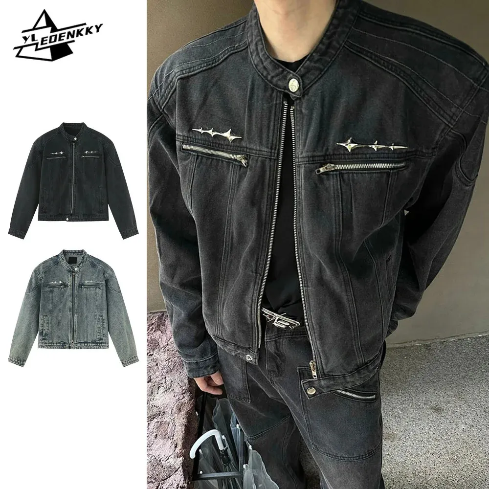 Distressed Denim Jacket Men Women Vintage Washed Cropped Cowboy Coat Highstreet Panelled Zipup Casual Tops Spring Unisex Coats 240202