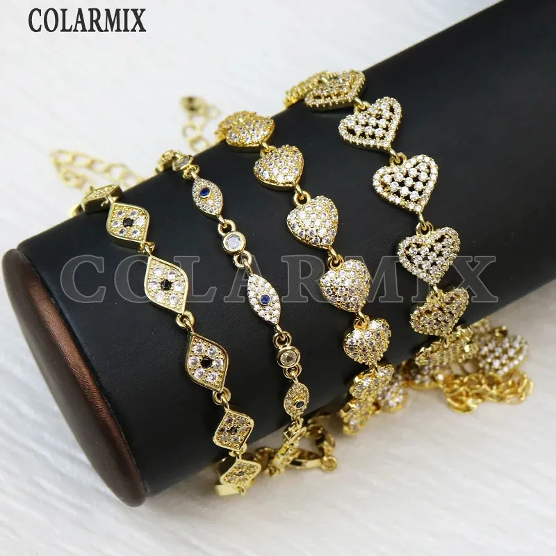 5 Pcs Zirconia Heart shape Lucky Eyes Bracelet Gold Plated Jewelry Strand women Gift 40324 240127
