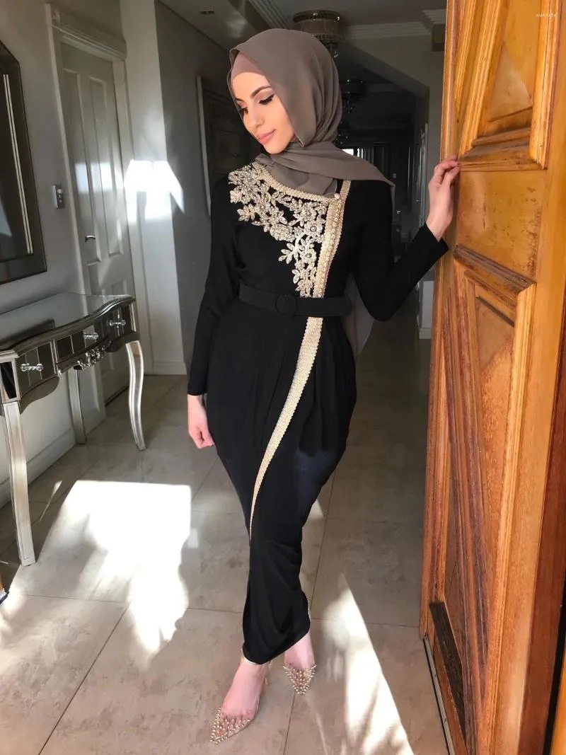 Ethnic Clothing Beaded Abaya Belted Split Party Dresses Golden Trimmings Muslim Women Gowns Islamic Long Dress Hijab Kaftan Ramadan