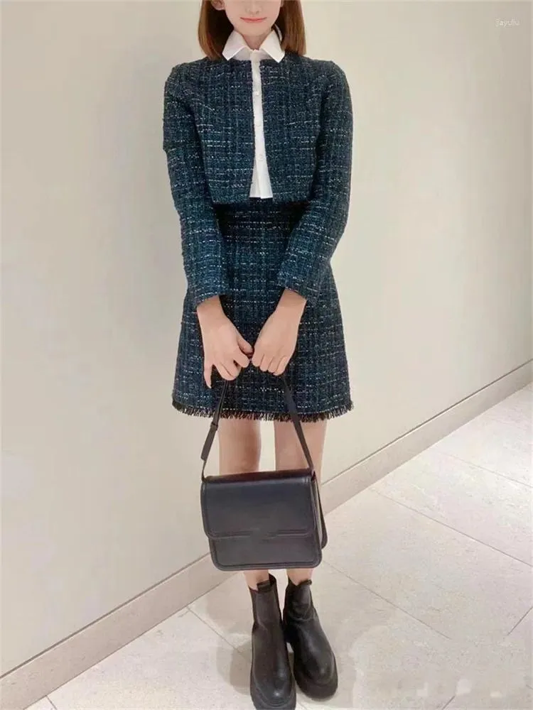 Women's Jackets Spring 2024 Women Vintage Plaid Tweed Set Turn Down Collar Bright Silk Blended Jacket Or Flash A-Line Patchwork Mini Dress