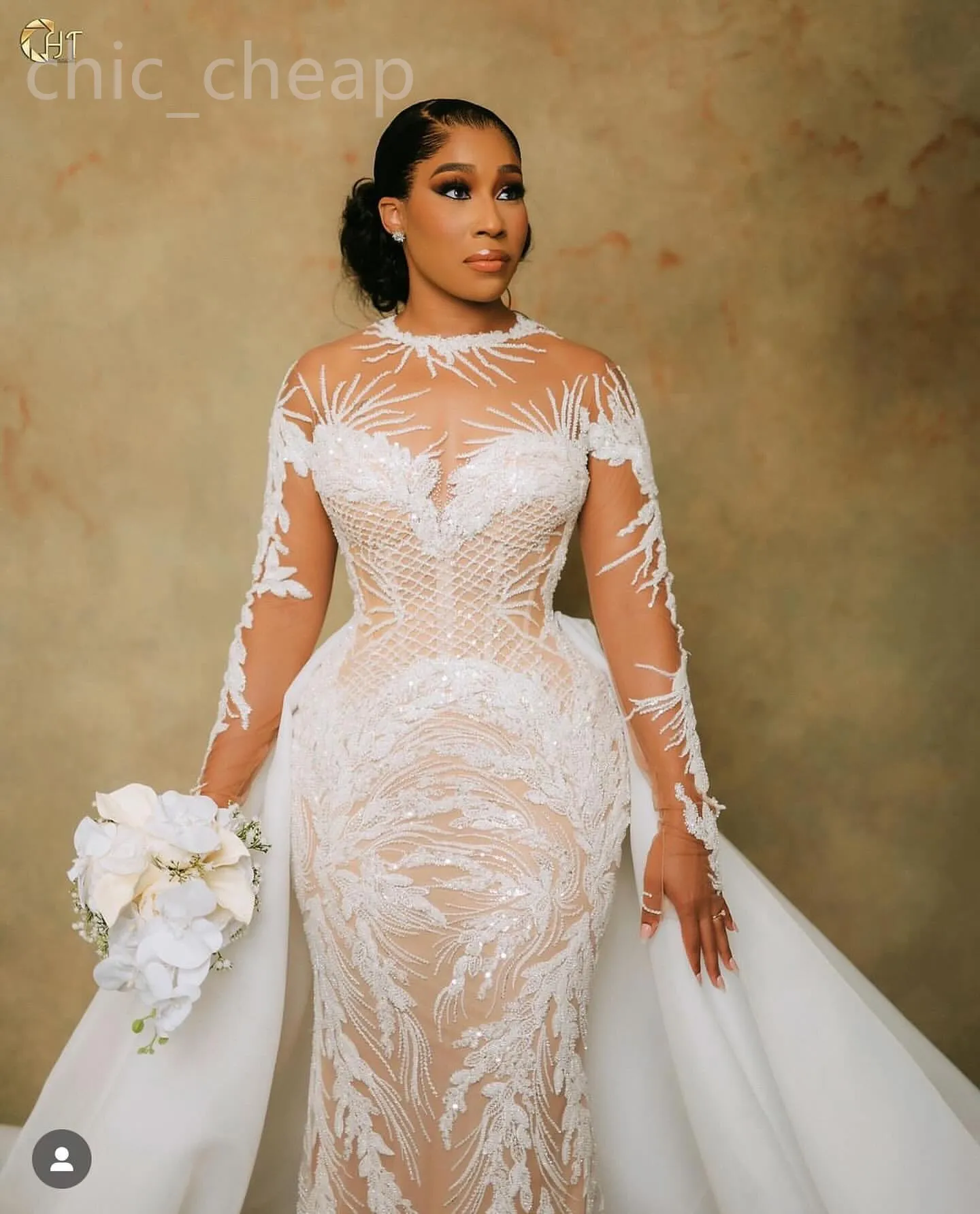 Arabic Bridal Dresses Plus Size Illusion Mermaid Wedding Gown: Ivory Beaded Sequined Lace Bridal Dress for Elegant Celebrations