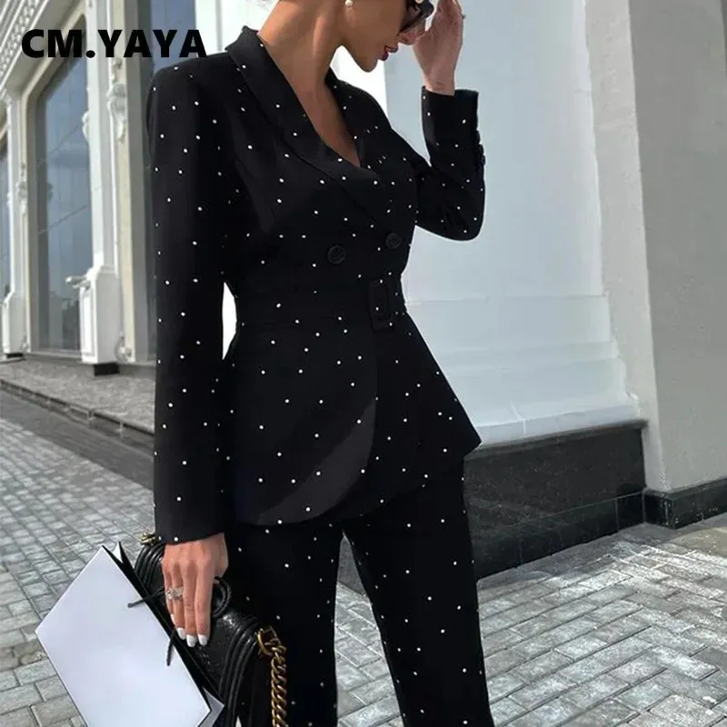 CMYAYA Autumn Winter Dot Womens Set Blazer Blazer Blazer Pants Suit Office Dam -Tracksuit Dwuczęściowe stroje fitness 240202