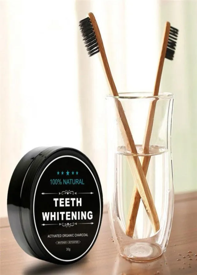 Aktivt kolblekningspulveruppsättning Tandkräm Whitening Tandpulver Bambu kol Tandborste Oral hygienrengöring1458039