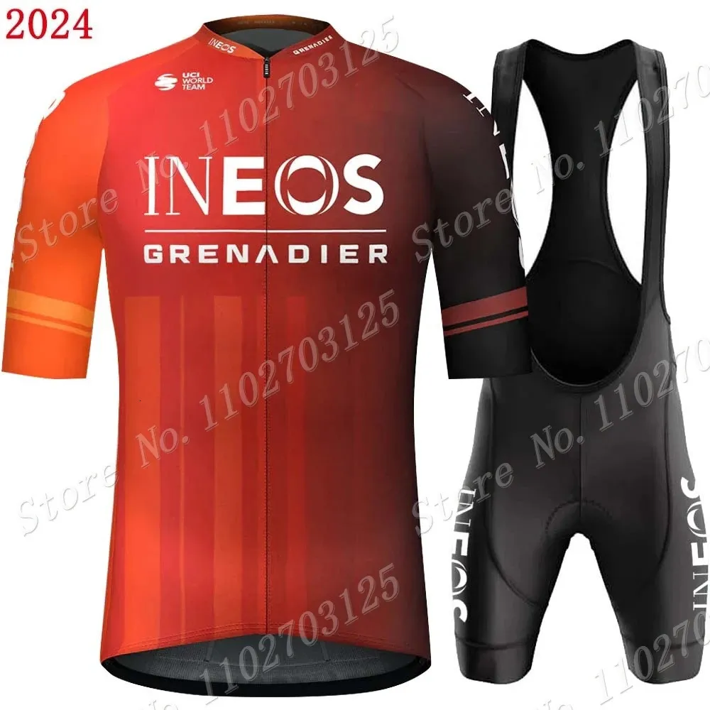 Takım ineos Grenadier 2024 Bisiklet Jersey Set Kısa Kollu Turuncu Giyim Bisiklet Gömlek Takım Bisiklet Önlük Şortları MTB Maillot Ropa 240131