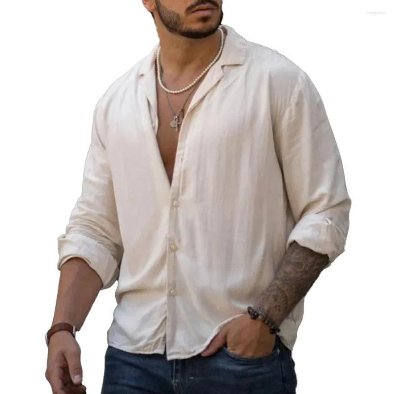 メンズカジュアルシャツプレミアム品質と快適なソリッドボタンアップバギーティートップス長袖コットンリネンドレスシャツ