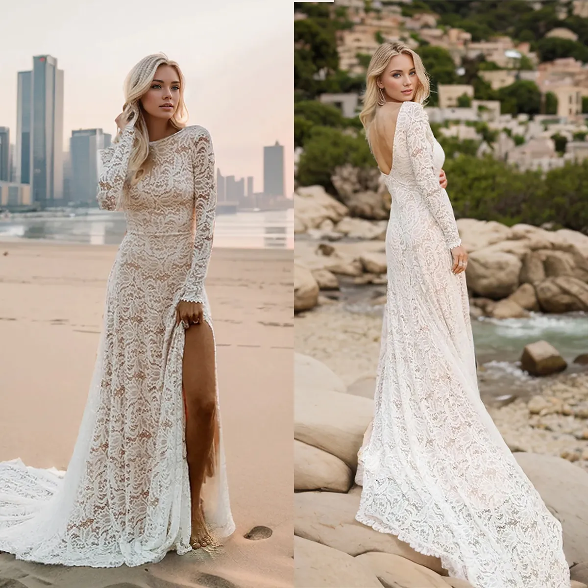 Boho Кружева Русалка Свадебные платья Jewel Neck с длинными рукавами Аппликации Robe De Soiree Свадебные платья Пляжное платье невесты с разрезом по бокам