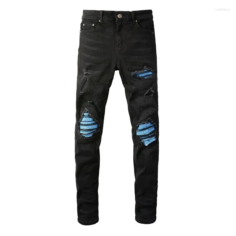 Herrenjeans EU Drip Denim Schwarz Distressed Mustache Blue Rippen Patchwork Slim Fit Beschädigte Löcher Stretch Zerkratzt Rissig