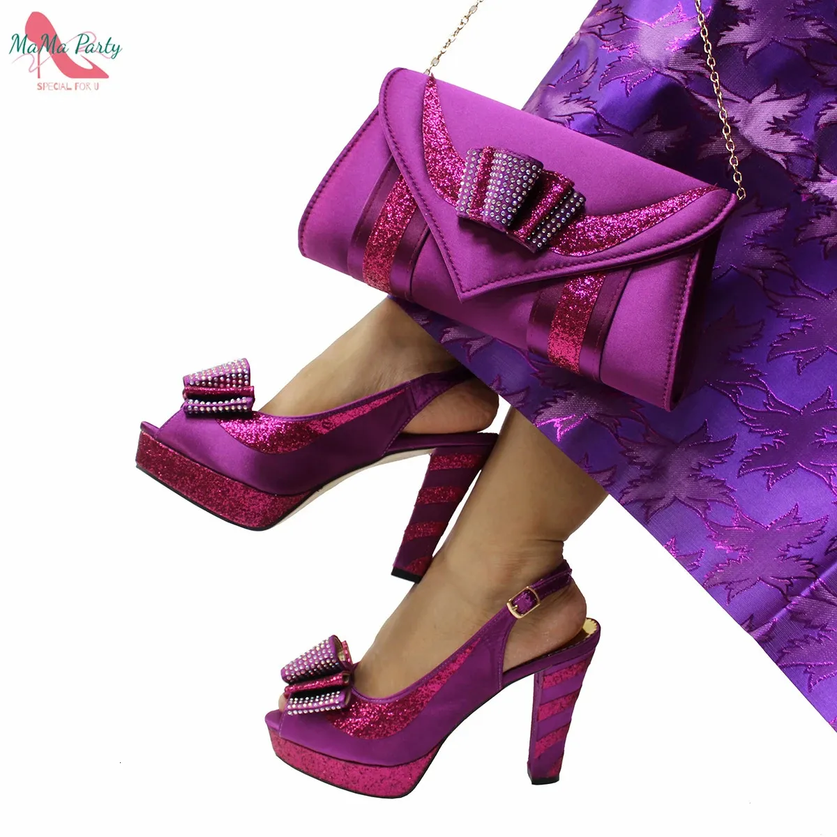 Specials Design Magenta Color Nigerian Women Shoes and Bag Set High Quality Slingback Sandals with Appliques for Wedding 240130