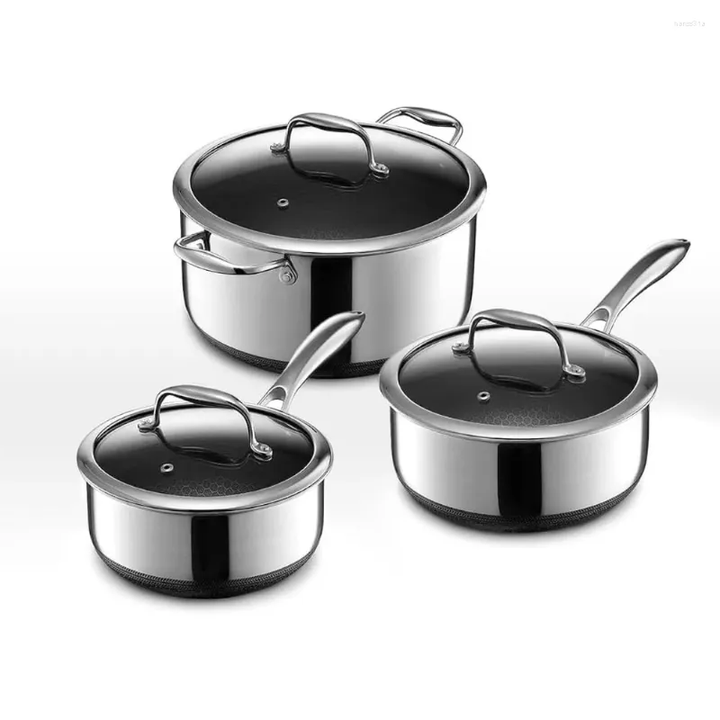 Batterie de cuisine, ensemble de 2 casseroles, 3 poignées antiadhésives hybrides, 6 pièces et 8 litres avec couvercles en verre trempé