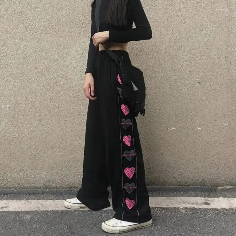 Women's Pants Plus Size 6XL 150kg Spring Summer Women Hearted Print Elastic Waist Black Wide Leg Pant Woman Loose Trousers