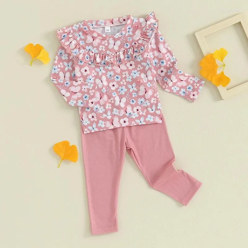 Clothing Sets Toddler Girl Spring Fall Clothes Ruffled Flower Print Long Sleeve Pullover With Solid Color Pants 2 Pcs Outfit