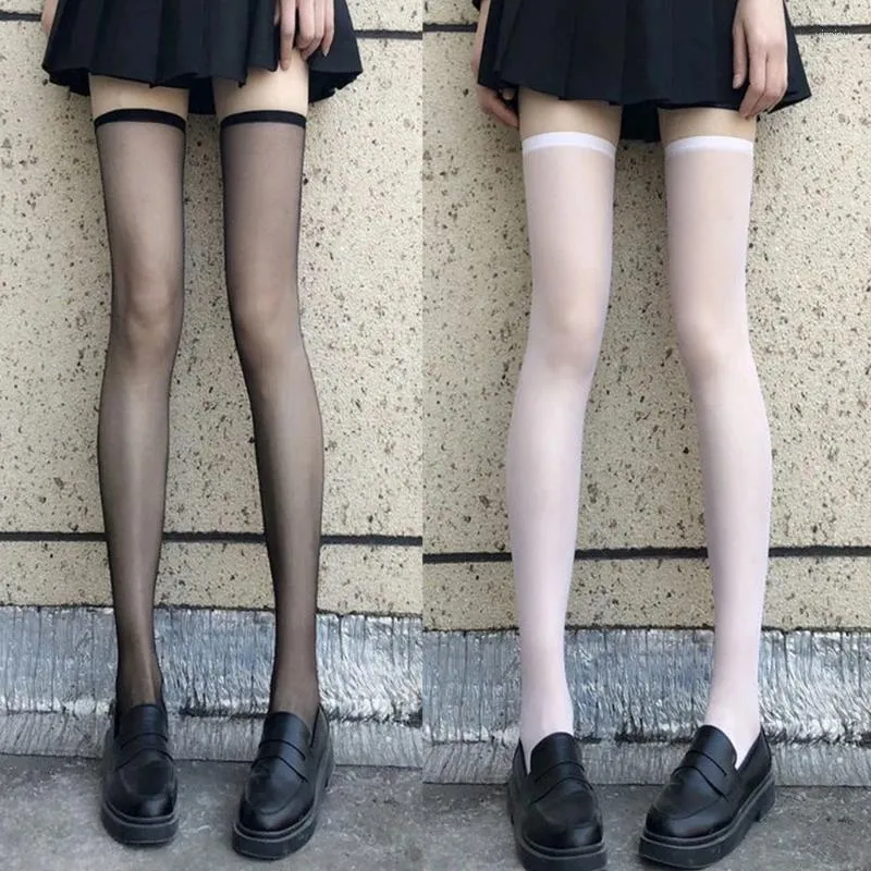 Femmes chaussettes féminines d'été silky cuisses hautes bas strochés harajuku lolita ultra-mince transparent élastique côtelé haut de gamme