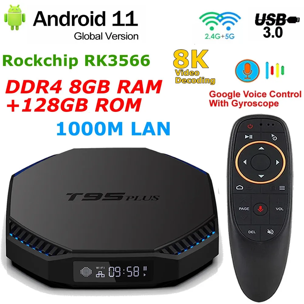 T95 PLUS RK3566 Android 11 Smart TV BOX Rockchip DDR4 8GB RAM 128GB ROM 5G WIFI 8K decodifica USB30 Lettore multimediale LAN 1000M 240130