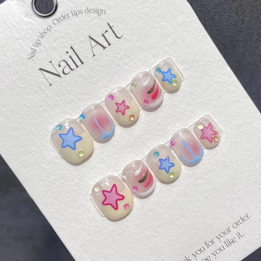 Handgjorda stjärna koreanska press på naglar kort söt akryl återanvändbar lim falska naglar fullt omslag naglar tips handfärg nagel konst 240129