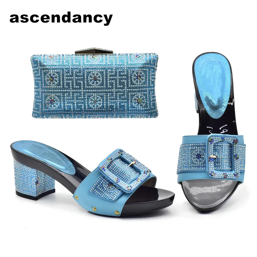 Sky Blue Color Italian Matching Shoe and Bag Set Ladies Shoes Dekorerade med Rhinestone Nigerian Women 240130