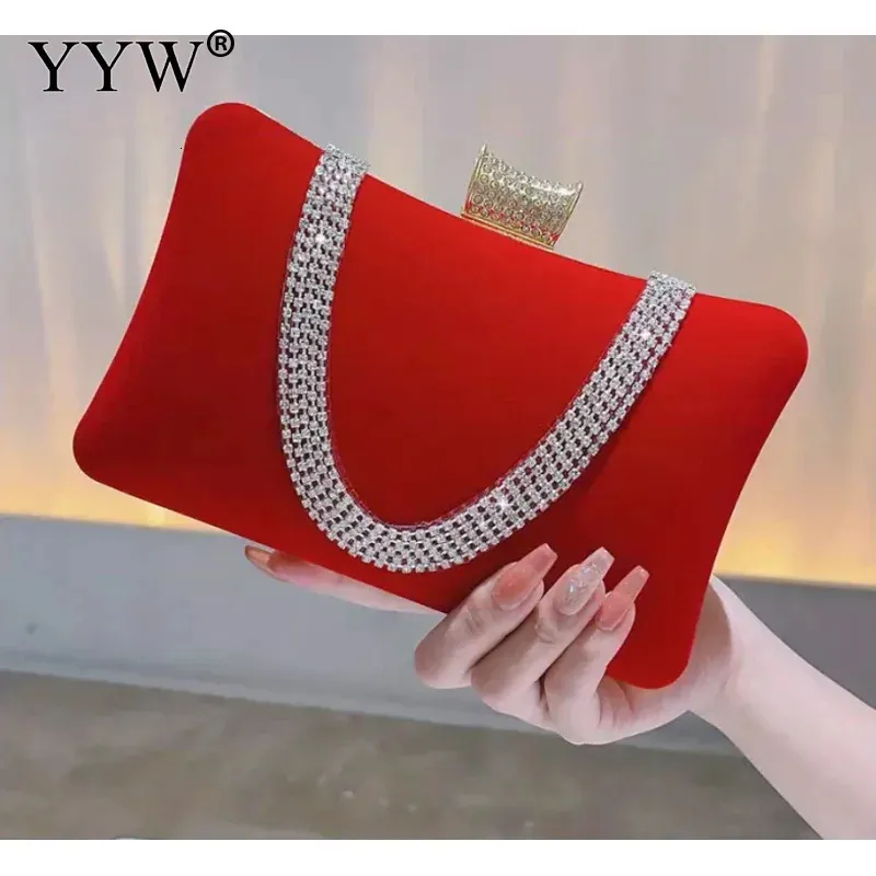 Röd elegant kvällspåse Rhinestone Decor Satchel Clutch lämplig för bröllop prom middagsfest hanbangs sammet mini formella väskor 240125