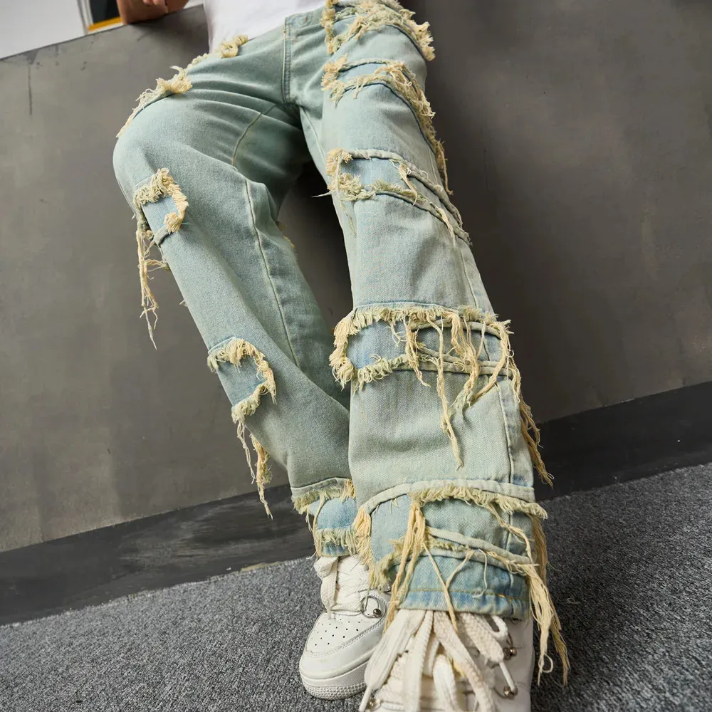 Homens streetwear elegante rasgado remendo calças jeans soltas masculino casual calças jeans retas 240126