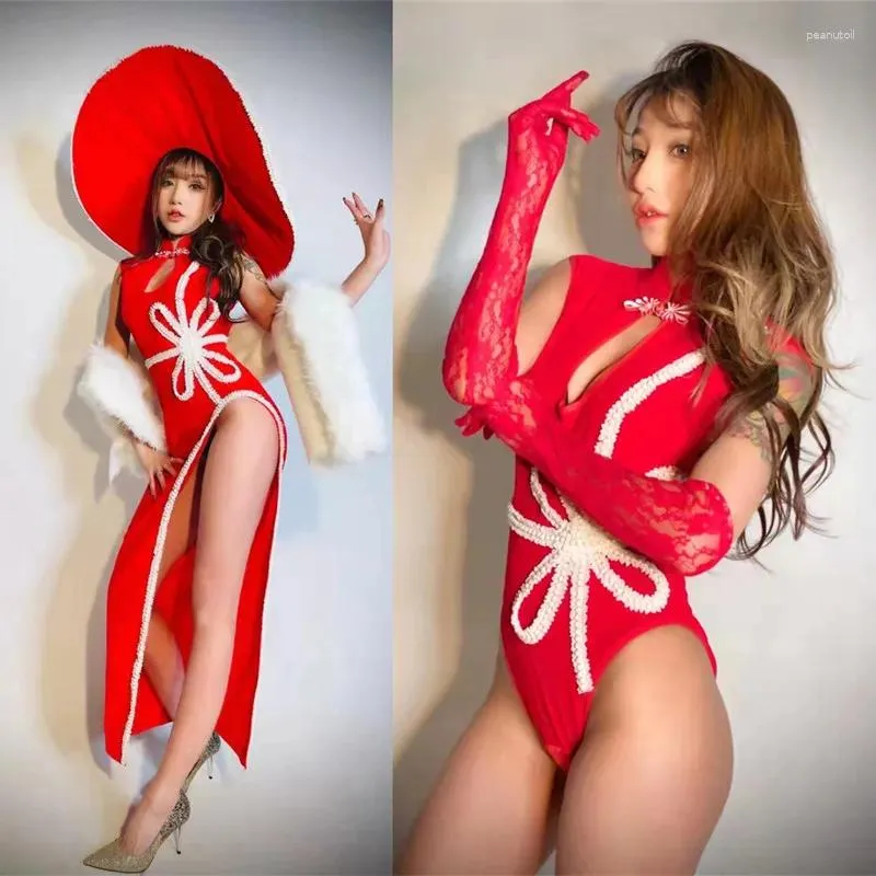 Sahne Giyim Gece Kulübü Bar Şarkıcı Dansçı Seksi Takım Performans Kostümü Kırmızı Sırtsız Bodysuit Slit Uzun Elbise Partisi Gösteri Kulüp giysileri