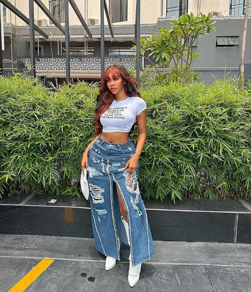 Vintage Denim Skirt for Women Solid Color High Waist Zipper Pockets Patchwork Split Loose Long Y2k Clothes