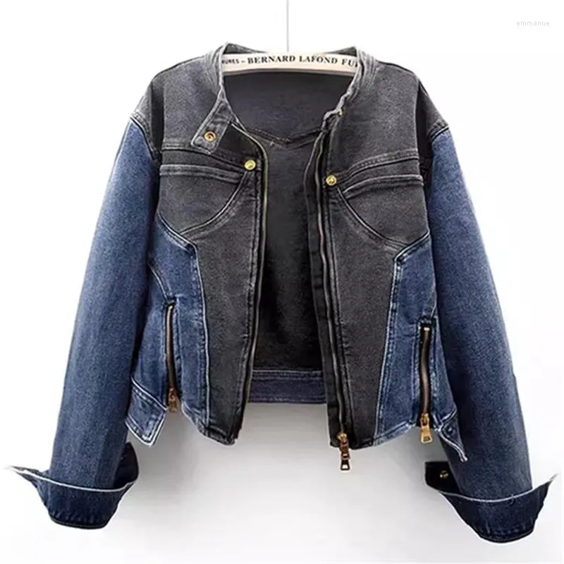 Jaquetas femininas outono vintage manga longa o-pescoço jeans casaco mulheres bolsos multi zíperes babados cintura fina contraste cor denim jaqueta b202