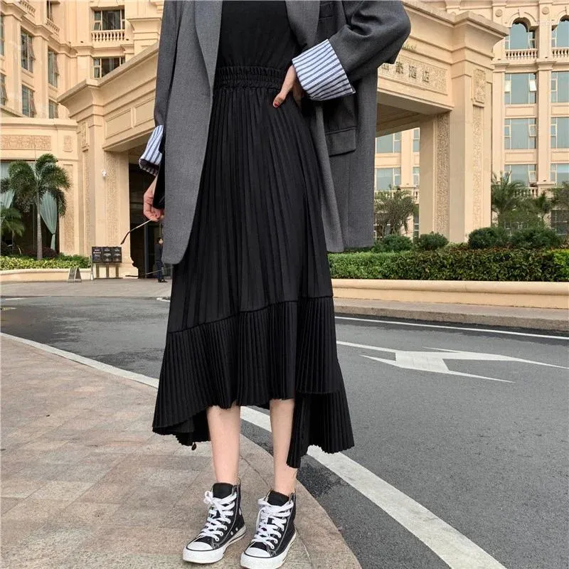 Юбки женские эластичные большие размеры с оборками корейский винтаж Harajuku длинная модная однотонная шифоновая плиссированная осенняя юбка миди с высокой талией