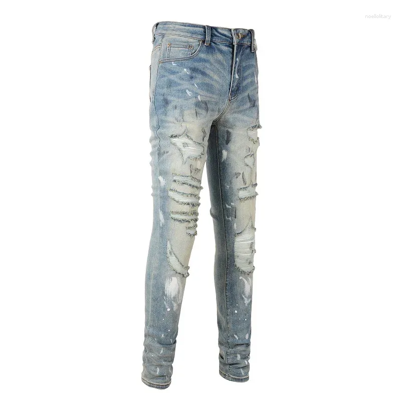 Men's Jeans Sell EU Streetwear Young Slim Fit Destroyed Holes Light Blue Stretch Scratched Italian Drip