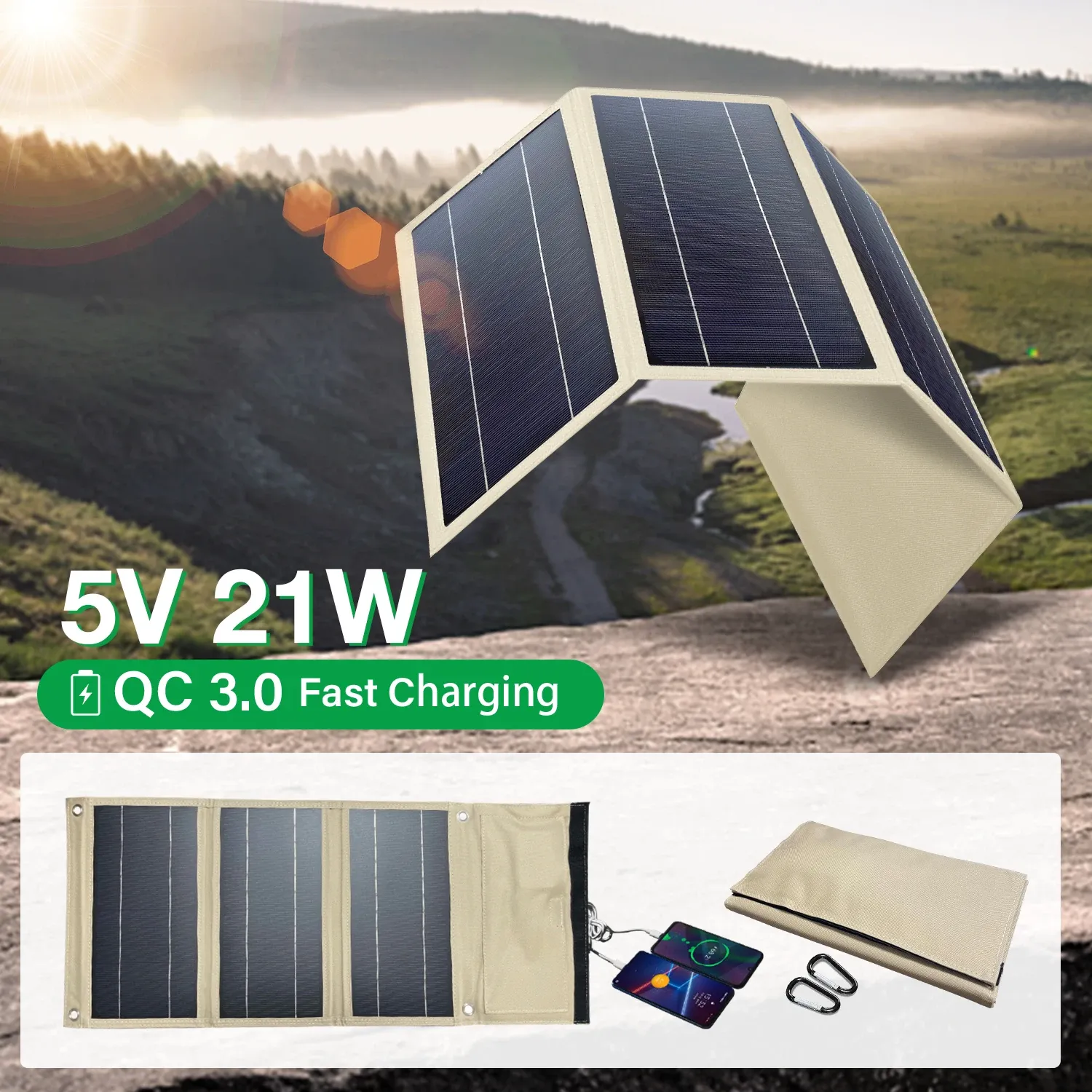 21W Solar Panel QC3.0 5V 9V 12V Portable Power Bank 2USB Solarladdare för utomhuscamping RV -bil Batterifiske mobiltelefon