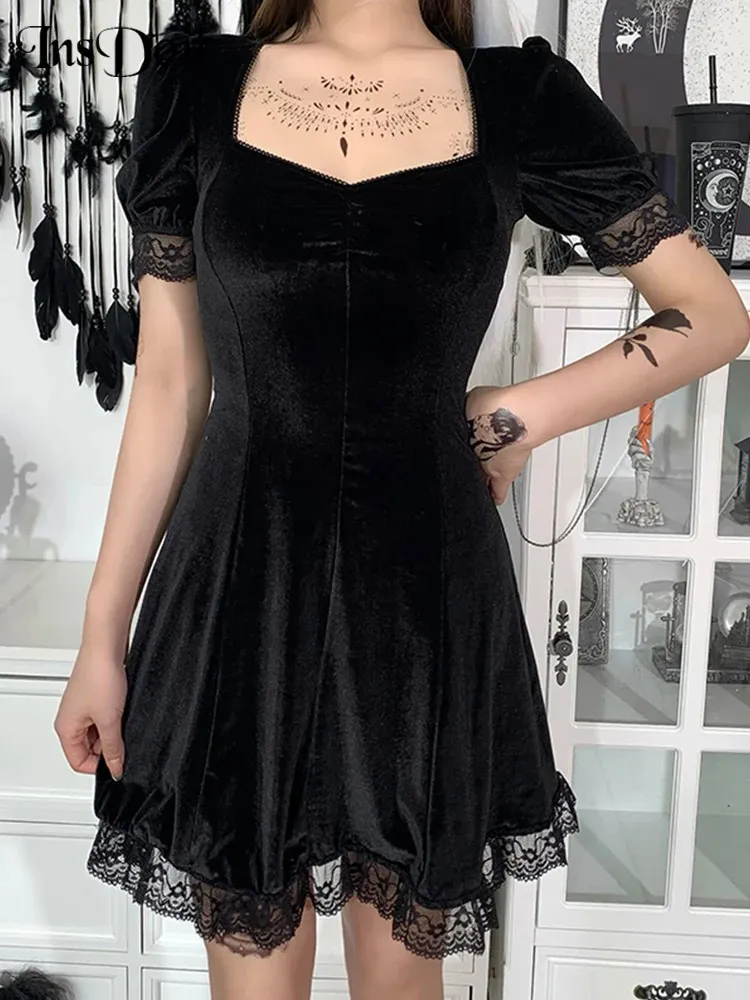 InsDoit Mall Gothique Velours D'été Mini Robes Femmes Vintage Punk Grunge Dentelle Robe Sexy Harajuku Esthétique Élégant Robe De Soirée 240129