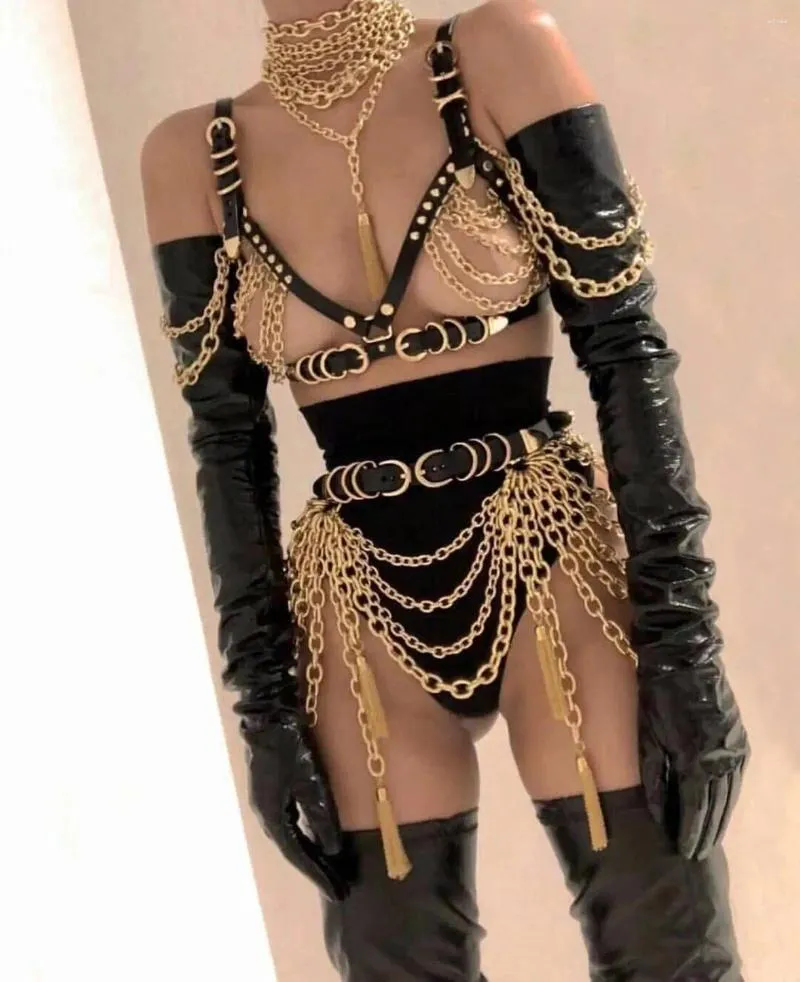 Sahne Giyim Seksi Altın Zincirler Sutyen Kıyafet Kostüm Set Dans Balo Partisi DJ Şarkıcı Kısa