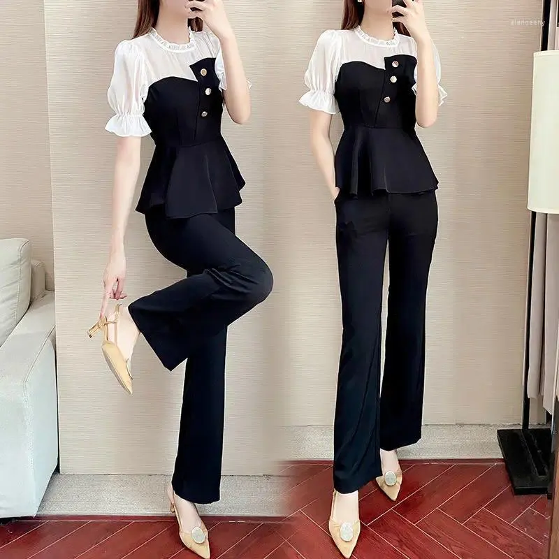 Calças femininas de duas peças 2024 terno de verão mulheres retalhos chiffon slim pantsuits moda escritório senhora renda o-pescoço top 2 conjunto roupas