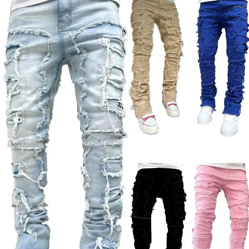 Herr jeans män tofs raka byxor lapptäcke middare smal denim blixtlåsfickor streetwear mantel fast fotled längd
