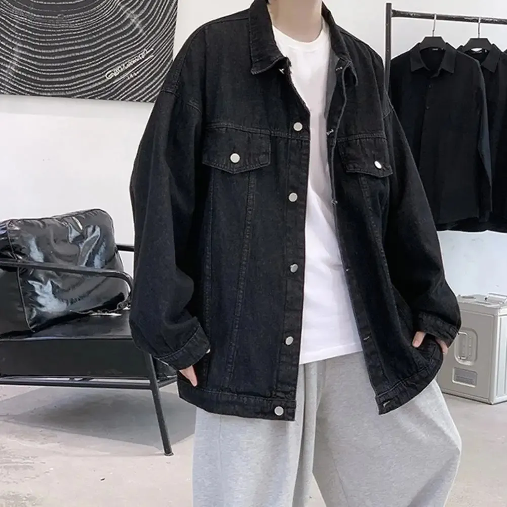 Autumn Winter Men Denim Jacket Solid Color Long Sleeve Mane Outwear Loose Tickets Turndown Collar Jeans Poat för Daily Wear 240202