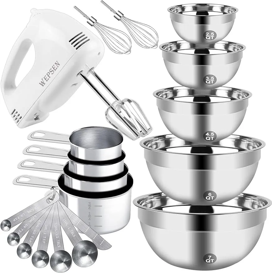 Handmixer, elektrisches Rührschüssel-Set, 5-Gang-Handmixer mit 5 ineinandergreifenden Edelstahl-Rührschüsseln, Messbechern und Löffeln, 200-Watt-Küchenmixer