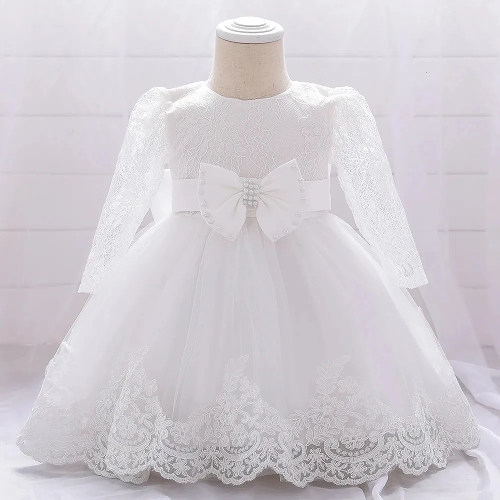 Infant Baby Girl Dress Bow Lace Long Sleeve 1st Birthday Baptism for Girls Flower Party Wedding Dresses Clothes 240131