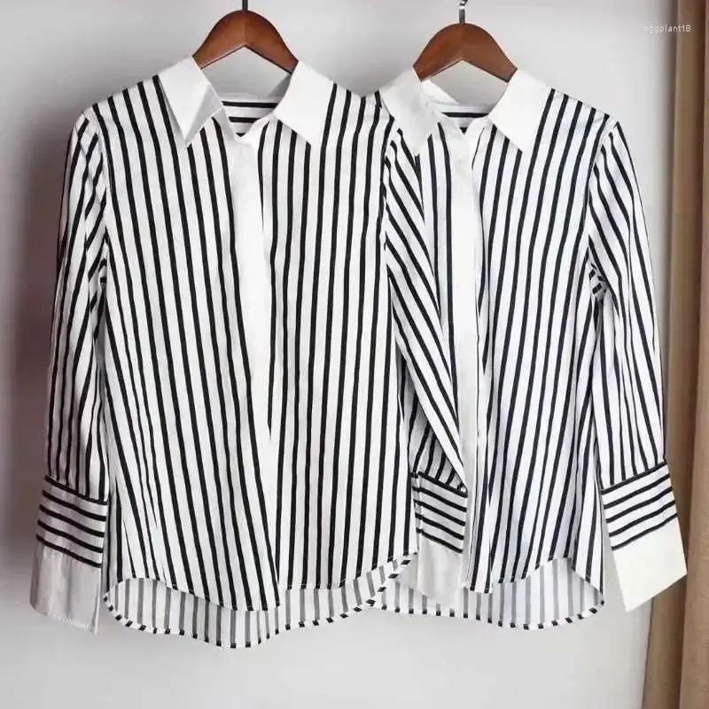 Blouses Femmes 2024 Automne Femmes Noir Et Blanc Rayé Revers Chemise À Manches Longues