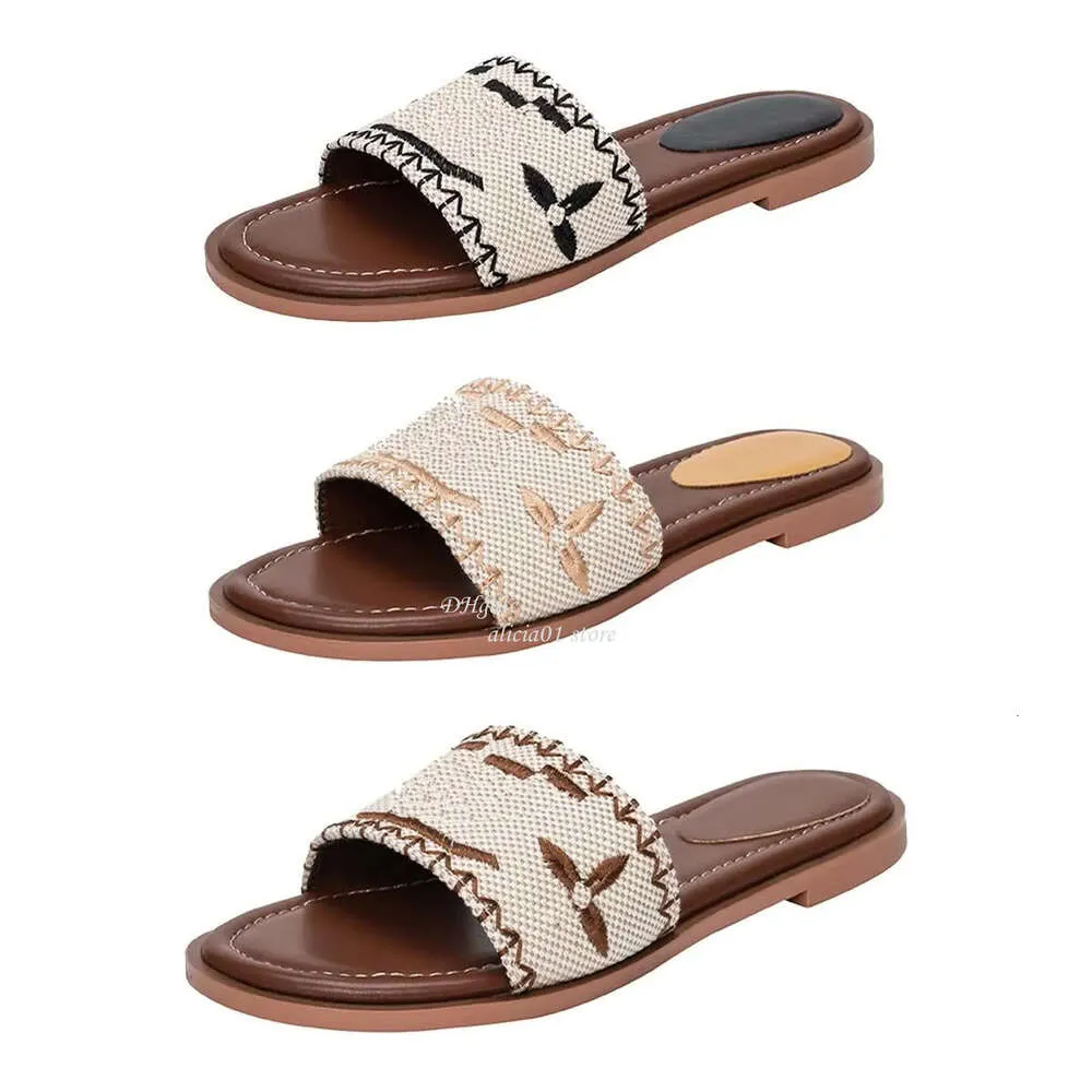 Designer sandálias planas chinelos femininos bordar sandália moda flip flop carta chinelo para mulheres verão praia slide sapatos de salto baixo