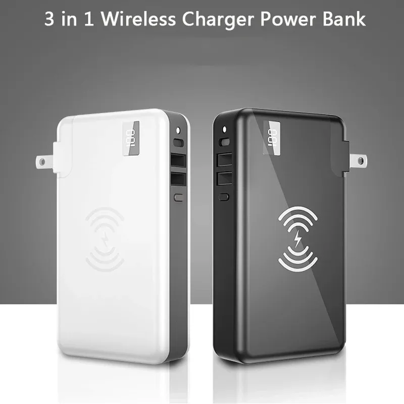 Power Bank 10000mAh med US EU Plug Qi trådlös laddare för iPhone 14 13 Pro Samsung Xiaomi Tablet PowerBank 3 i 1 väggladdare