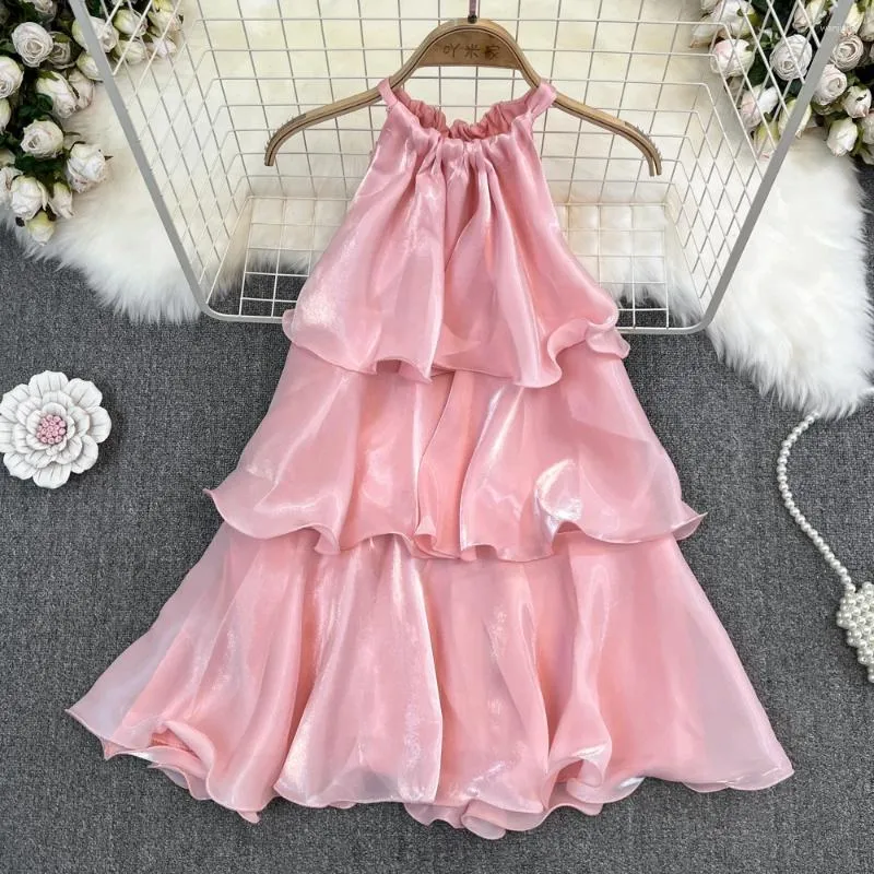 Casual Dresses Summer Pink Ruffle Edge Suspenderad klänning Löst ärmlös a-line hängande nacke ponchy