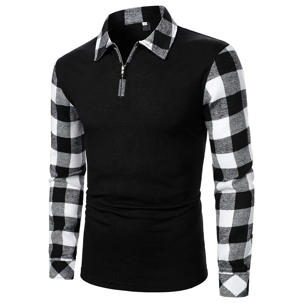 Men Polo Shirt Mężczyzn Mężczyzny Długie rękaw Top Plaid Dopasowanie koszuli polo