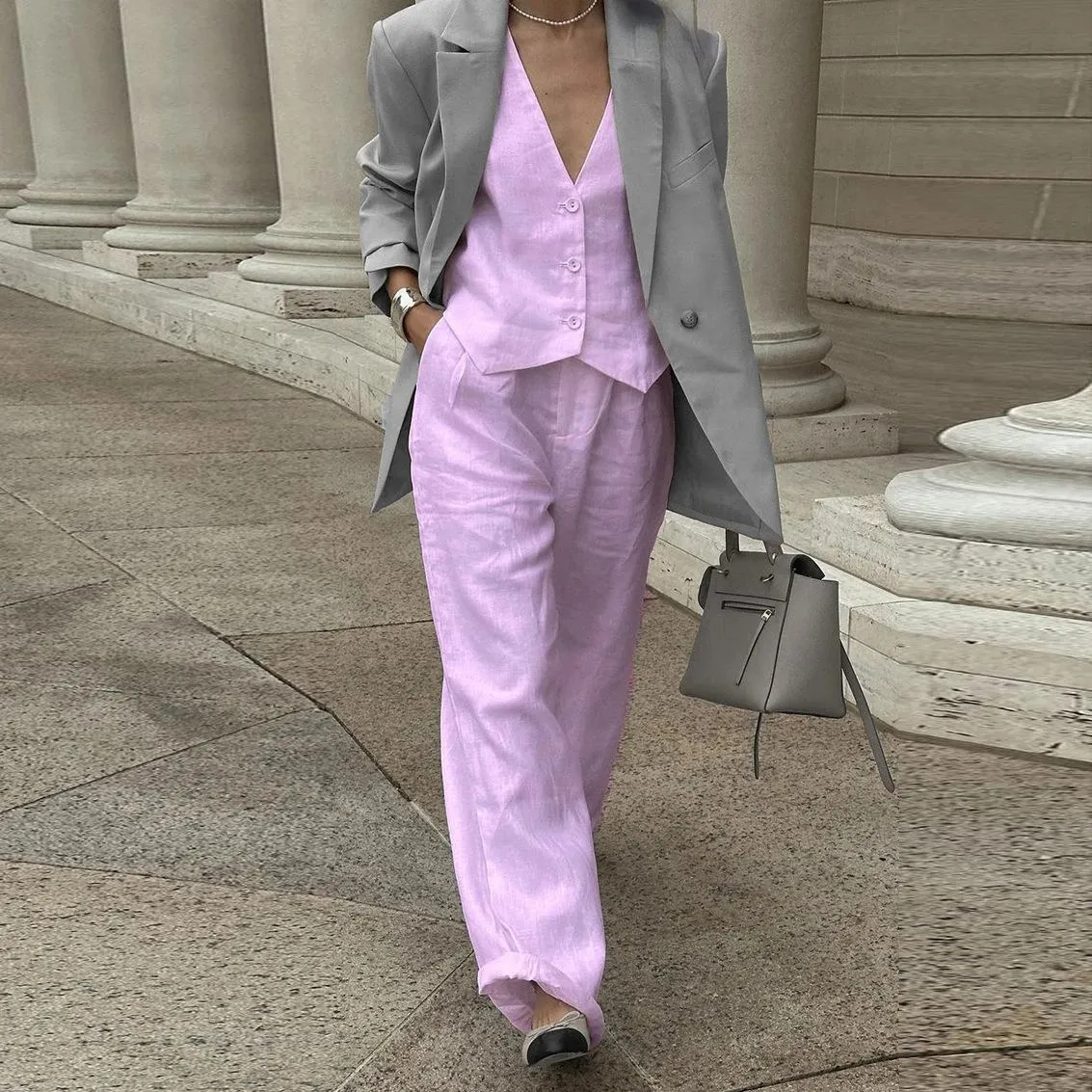 Ensemble 2 Pièces Femme Chic – Gilet Sans Manches + Pantalon Large – Look Élégant Décontracté Été