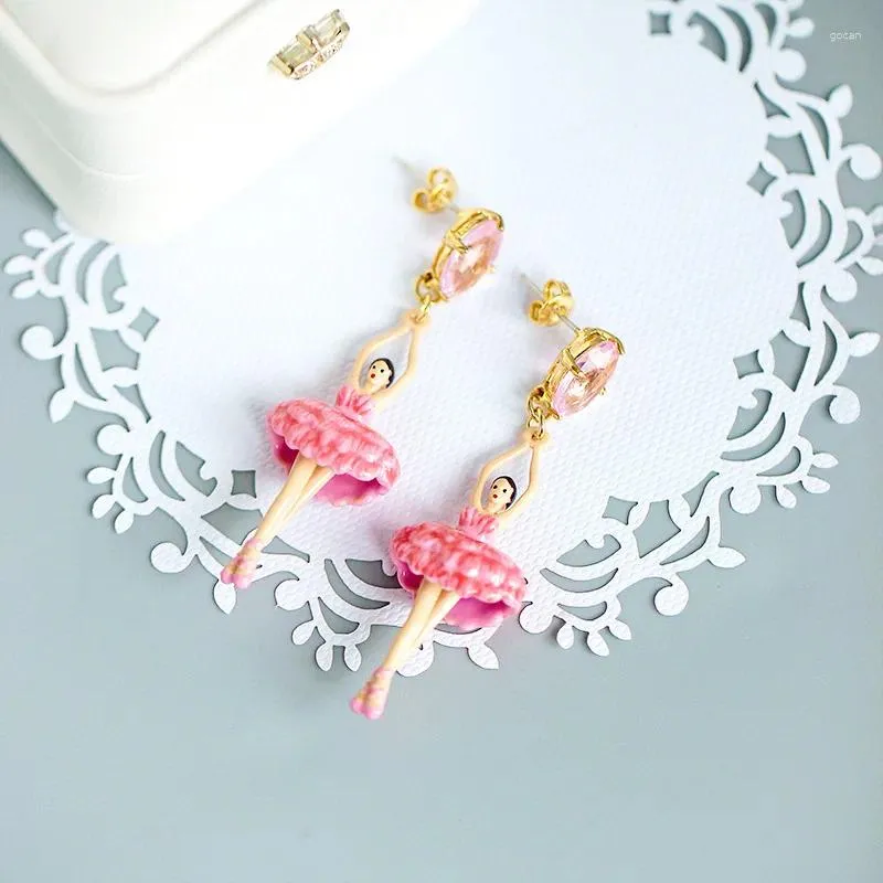 Stud Earrings Spring And Summer Trendy Fresh Sweet Enamel Glaze Pink Feather Ballet Girl