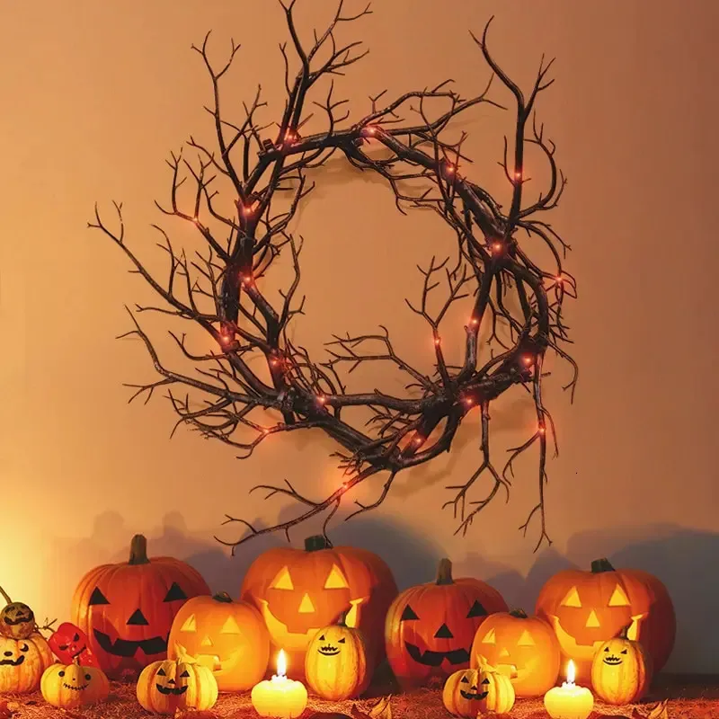 Simulation de couronne de bois mort d'Halloween branche noire avec lumière LED rouge couronnes de 43 CM pour portes guirlande de fleurs décoration d'Halloween 240130